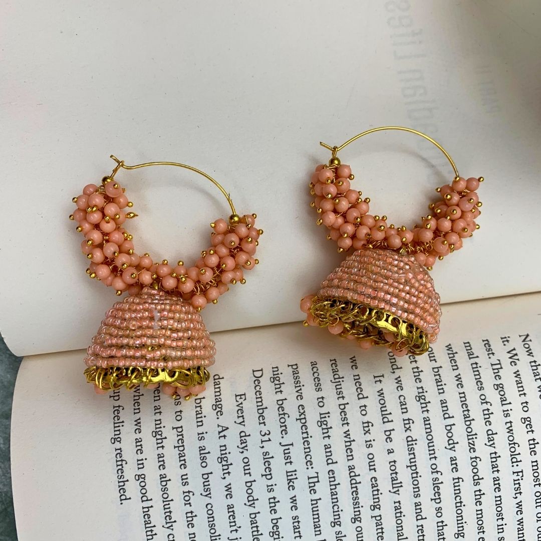 Jhumka Earrings For Women & Girls, Traditional Pearl Jhumki & Hoop Style Earrings - Peach